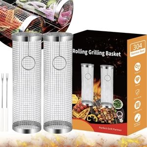 Grill Basket 2 PCS, BBQ Grill Basket, Rolling Grilling Basket, Stainless Steel G